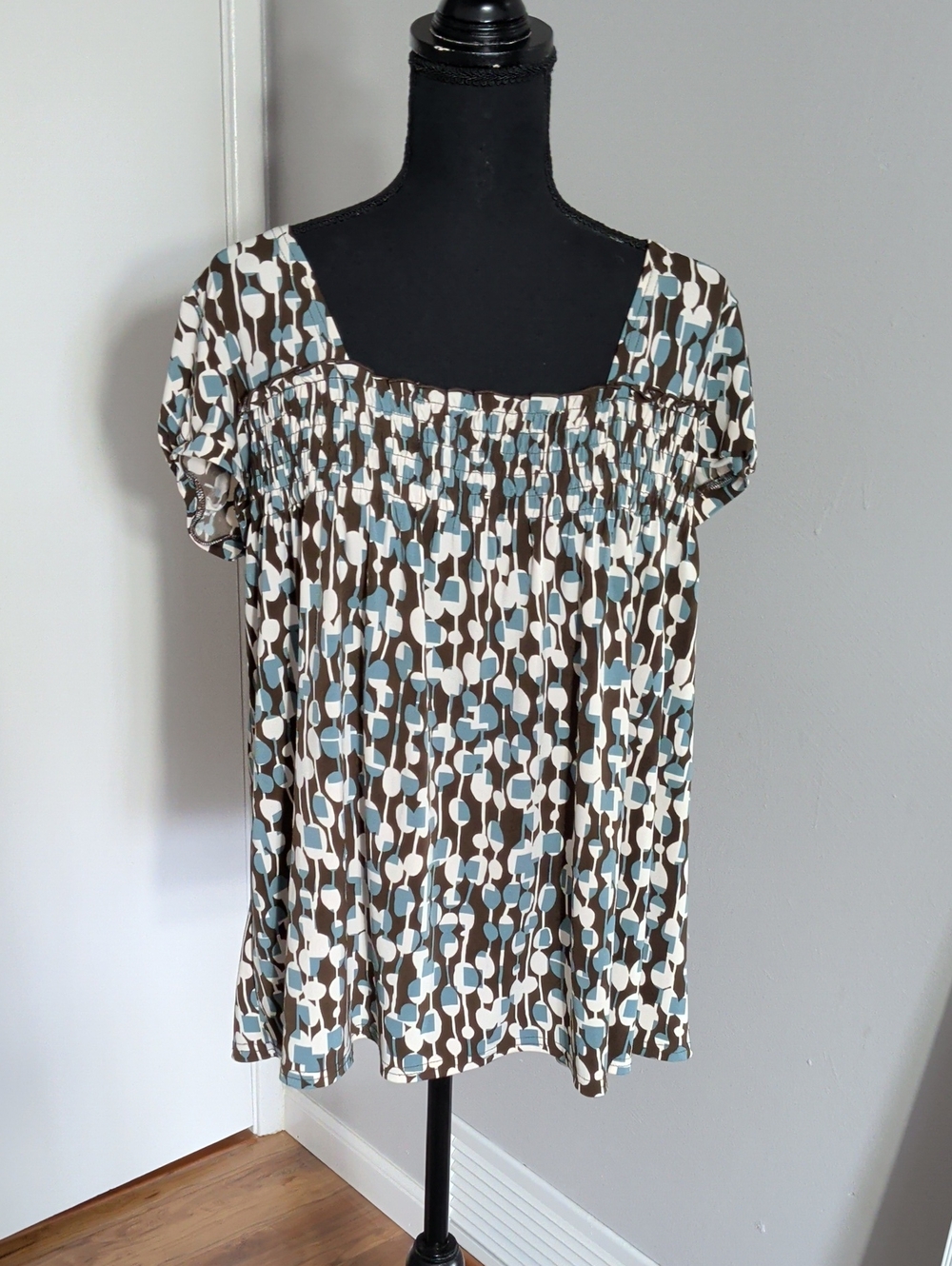 Apt. 9 Smocked Square-Neck Blouse in Brown, White & Light Blue
